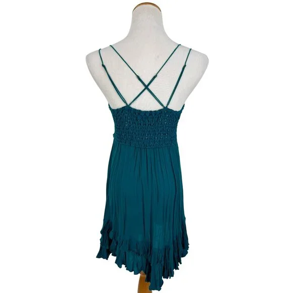 Free People Teal Lace Crochet Trim Ruffled Hem Flowy Casual Boho Slip Dress - Picture 11 of 16